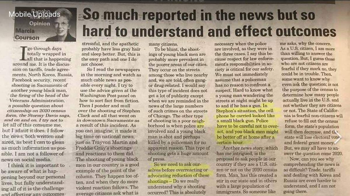 A column in the River Valley Times, a community newspaper in Rancho Murieta near Sacramento, advised black men to stay home after dark in the wake of the Stephon Clark shooting.