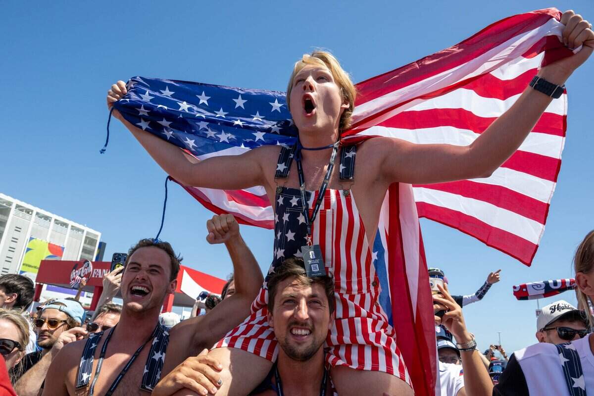 USA fans Cameron Hale, Adam Saindon and Sander Lockett cheer on the United States before the FIFA World Cup 2026 Round of 32 match against Bosnia and Herzegovina at Levi's Stadium on Wednesday in Santa Clara.
