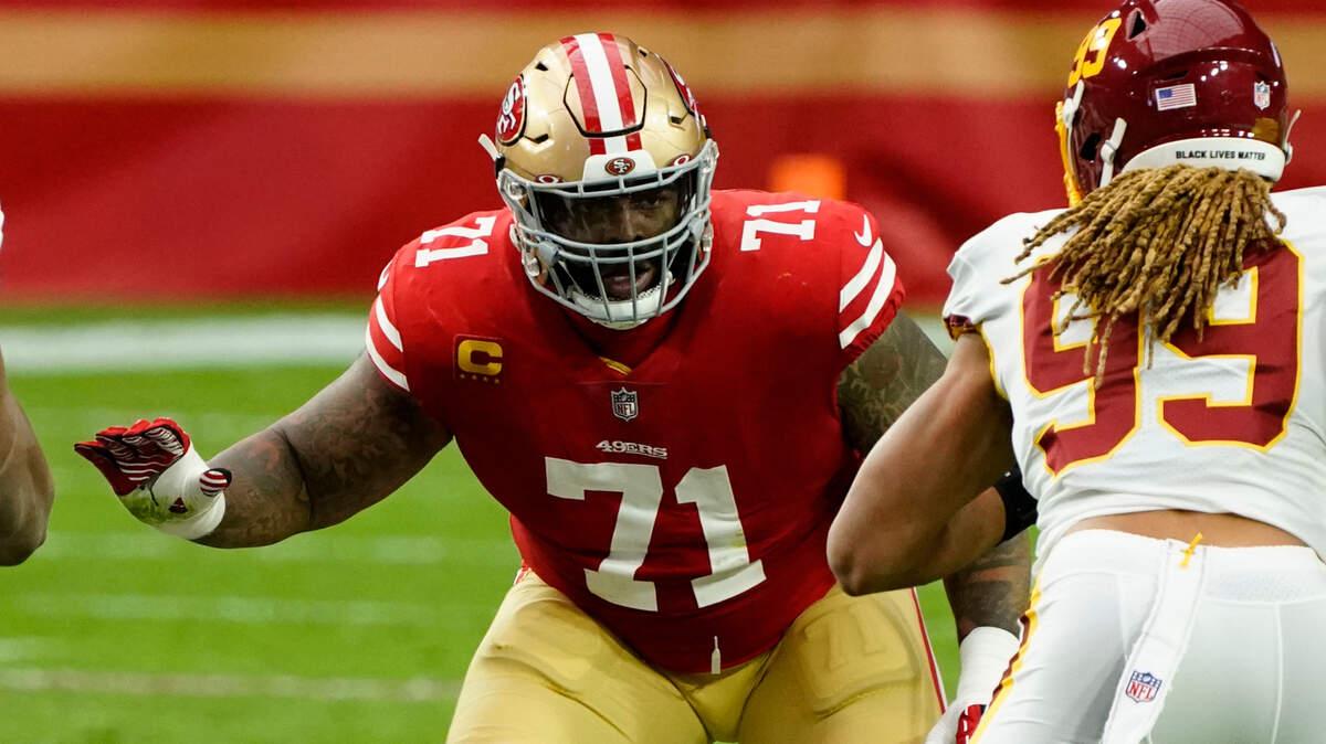 San Francisco 49ers offensive tackle Trent Williams (71) during an NFL football game against the Washington Football Team, Sunday, Dec. 13, 2020, in Glendale, Ariz. (AP Photo/Rick Scuteri)
