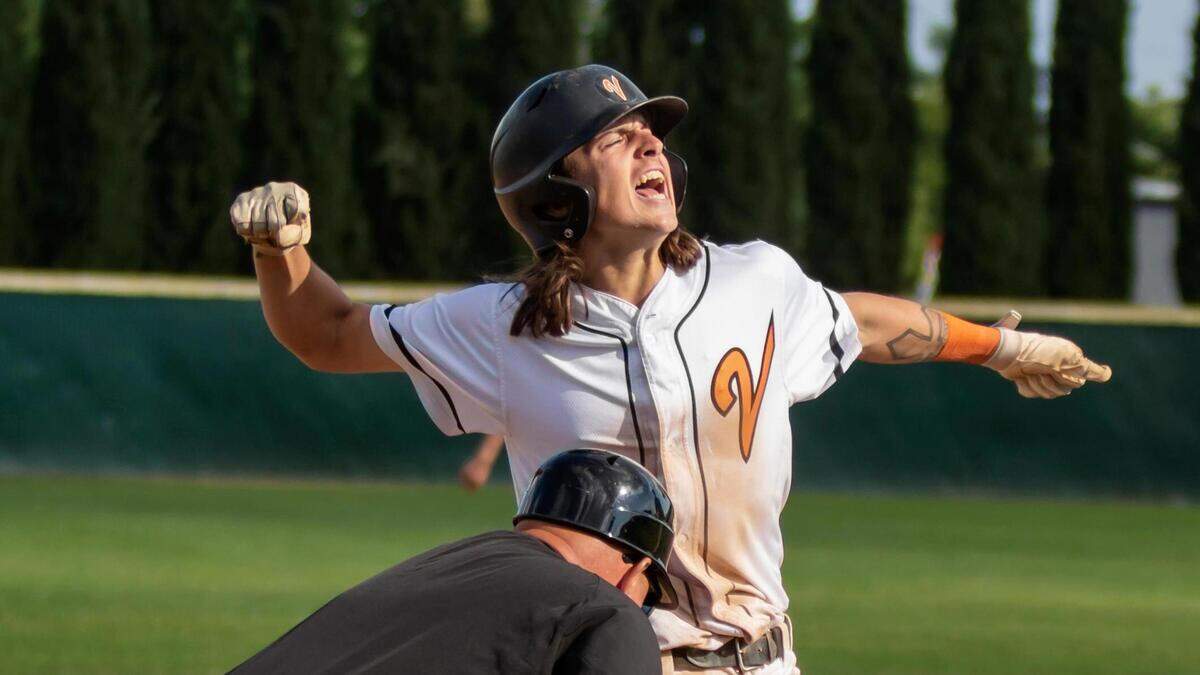 Vacaville’s Devereaux Harrison (5) hits a triple in the bottom of the third inning during the Sac-Joaquin Section Division I baseball championship game against Jesuit at Union Stadium at City College Monday, May 27, 2019. Vacaville beat Jesuit 5-2.