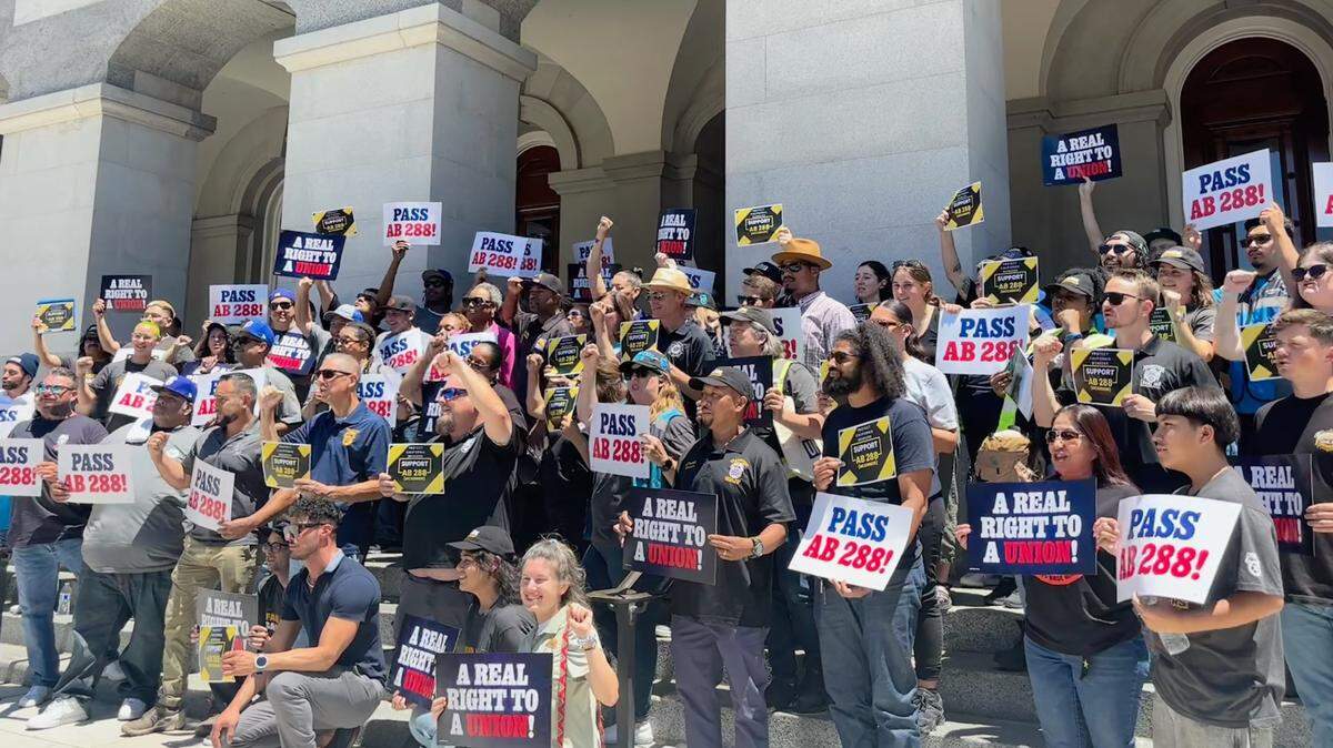 California union members chant “288” before a press conference urging senators to pass the bill Wednesday, June 18, 2025, on the west steps of the Capitol in Sacramento. 