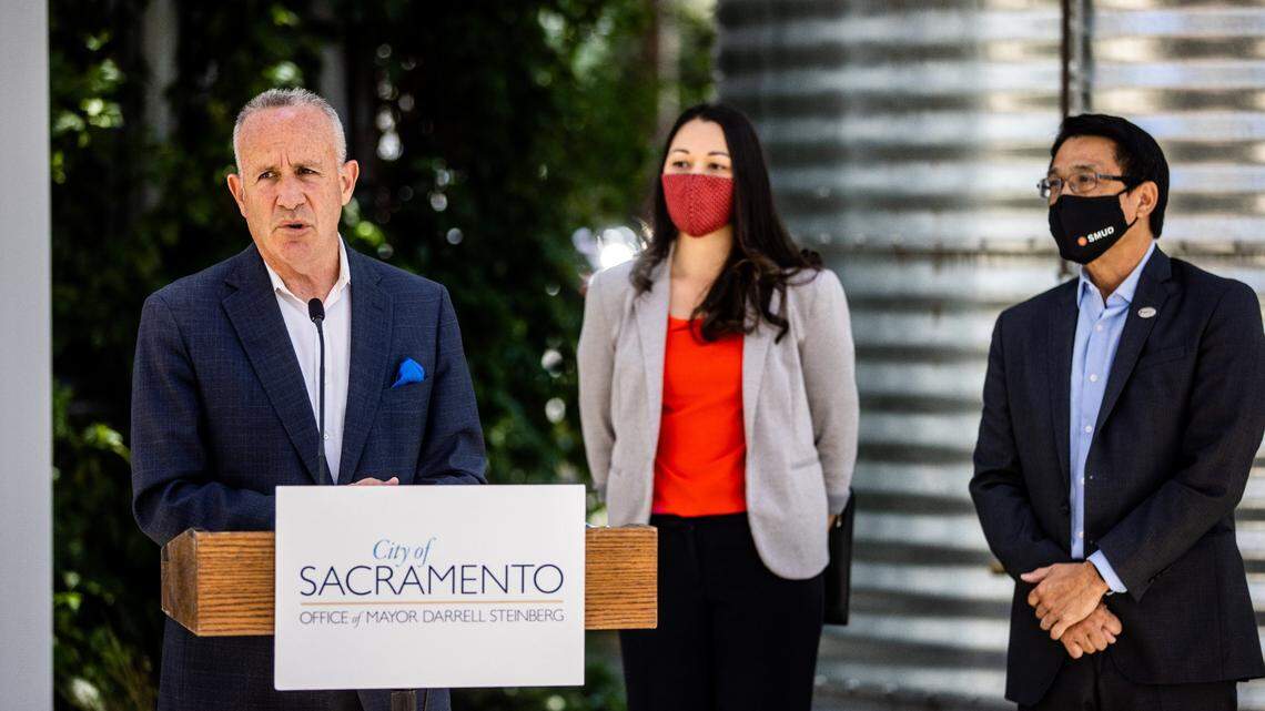 Then-Sacramento Mayor Darrell Steinberg speaks at a press conference at Archnexus in downtown Sacramento in 2021. The City Council has repealed the all-electric building mandate that he was touting at the event.