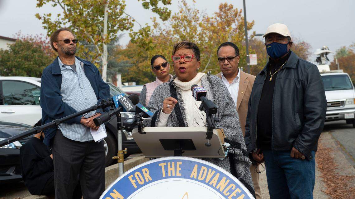 Betty Williams, president of the Greater Sacramento NAACP, demands the Sacramento City Unified School District and the Sacramento Police Department investigate racial harassment at West Campus High School in 2021.