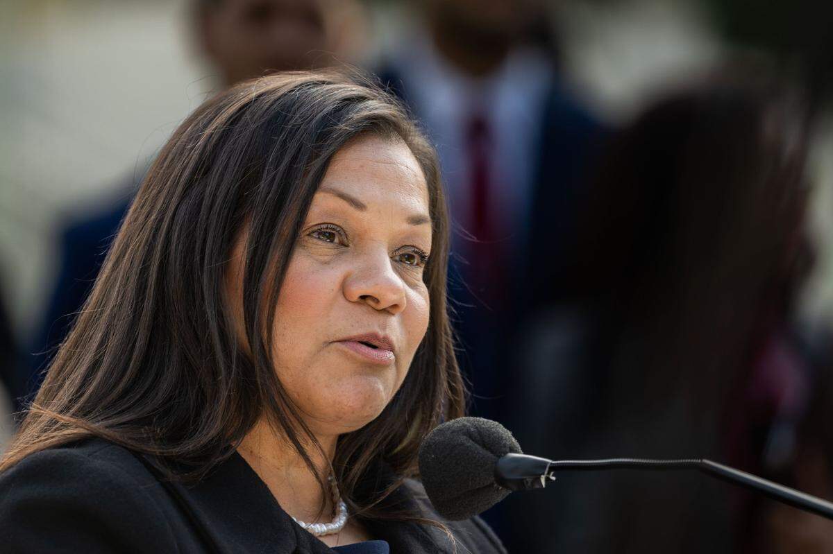 Assemblymember Leticia Castillo, R-Corona, talks about bills that she’s introducing on Friday, Feb. 14, 2025, as anti-transgender activists and California Republican lawmakers speak during a press conference at the state Capitol.