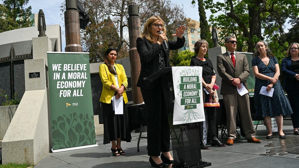 Assemblywoman Buffy Wicks, D-Oakland, author of the Affordable Housing Bond Act, speaks at a press conference at the World Peace Rose Garden at the state Capitol on Monday, April 15, 2024. She’s part of a new committee to spur home building. 