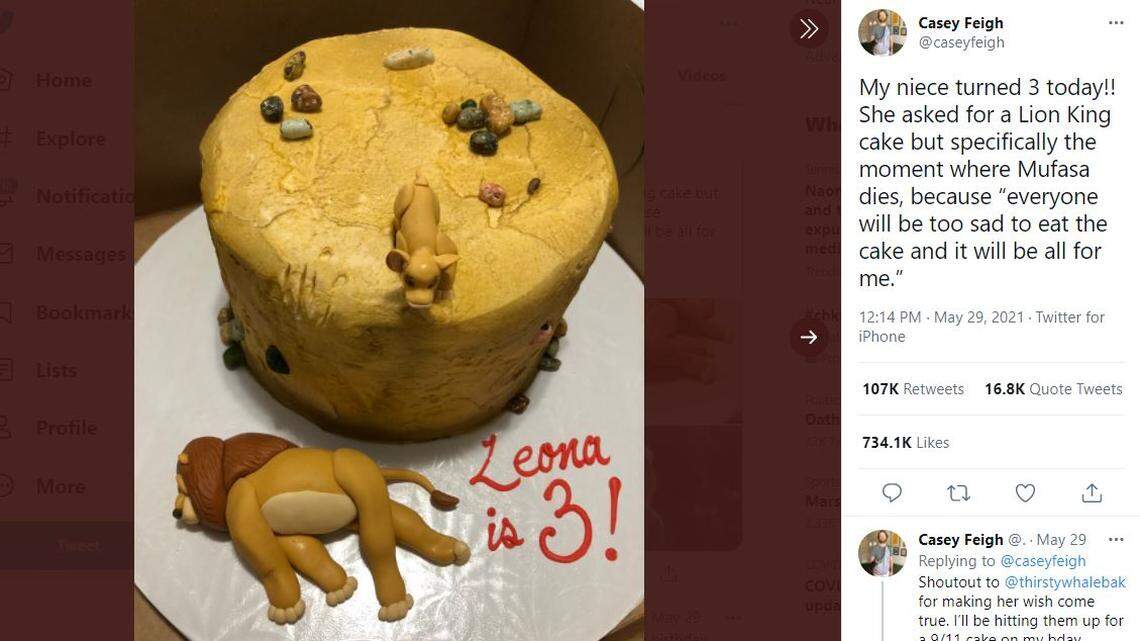 A man’s photo of his niece’s birthday cake on Twitter, showing Mufasa’s fatal fall in “The Lion King,” has a “diabolical” story behind it.