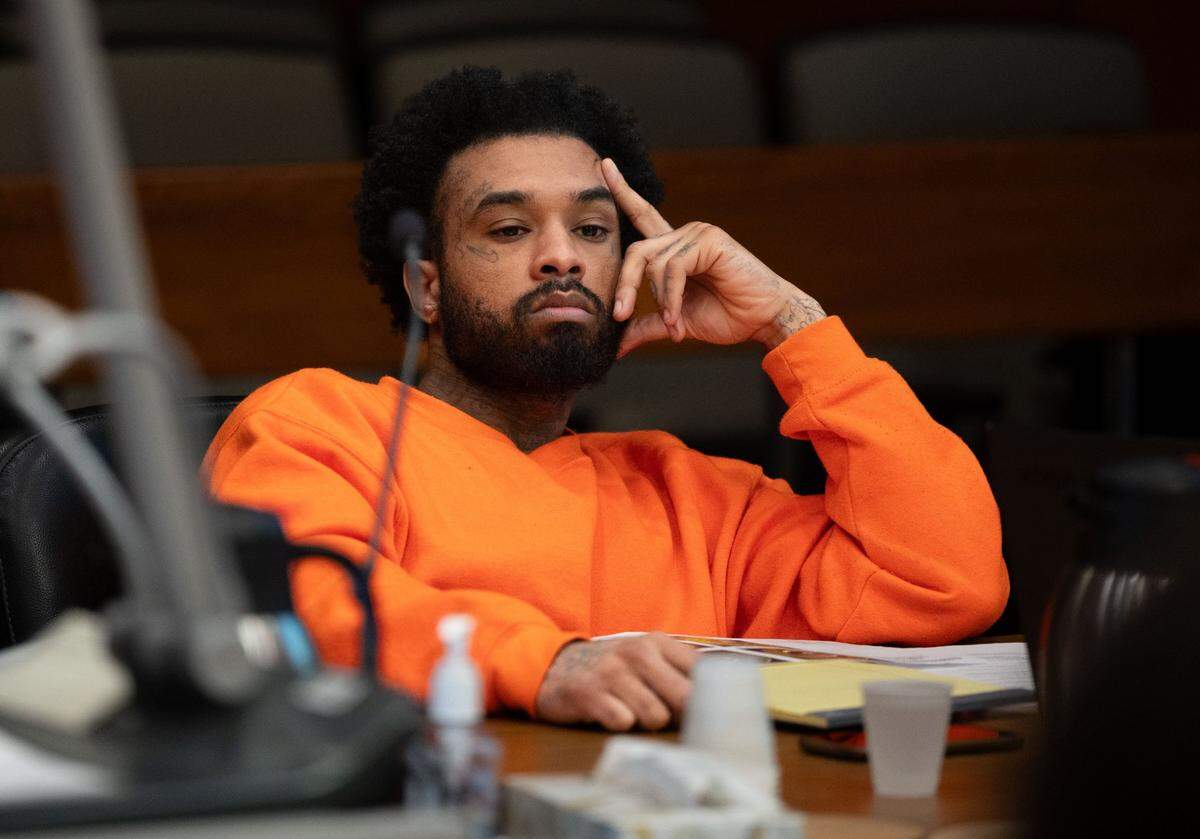 Murder suspect Mtula Payton, 29, listens to a witness in Sacramento Superior Court on Feb. 23, 2024, during a preliminary hearing in the case of the April 2022 mass shooting in downtown Sacramento.
