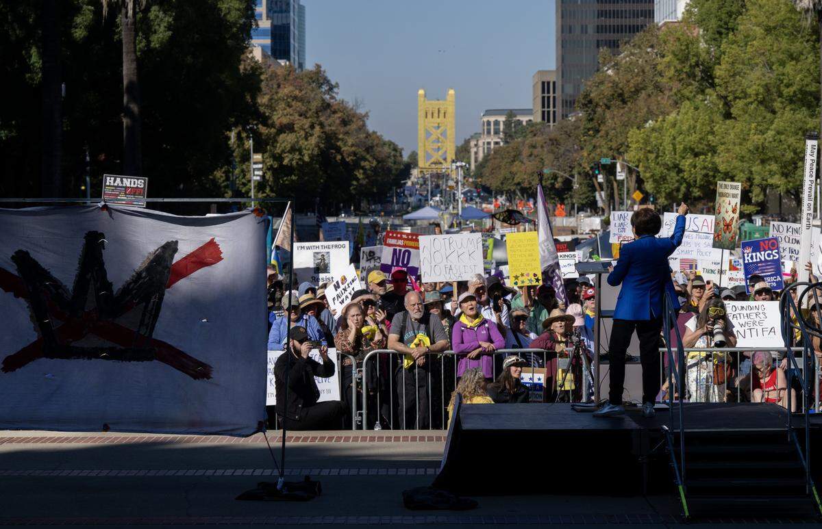 Rep. Doris Matsui, D-Sacramento, speaks to the estimate crowd of 7,000 people gathered during the "No Kings" protest at the state Capitol on Saturday, Oct. 18, 2025. “In Sacramento, we believe leadership means compassion – not chaos,” she said.
