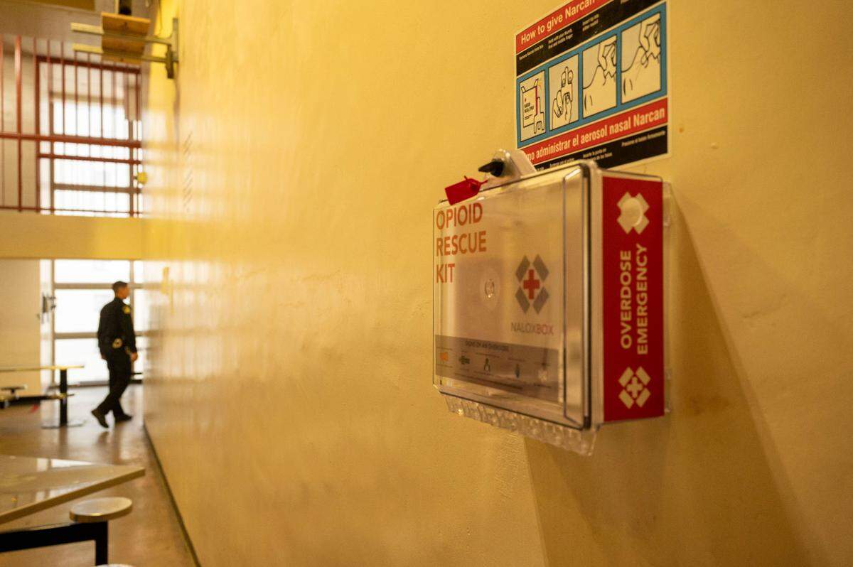 An opioid rescue kit is on the wall in one of the general population pod at the Sacramento County Main Jail on Sept. 19, 2024. Sheriff Jim Cooper said fentanyl overdoses have become so prevalent that anyone found unconscious will likely be given nasal Narcan.