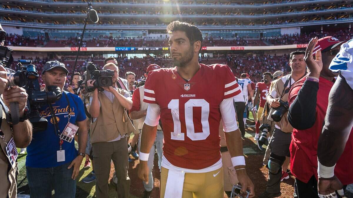 San Francisco quarterback Jimmy Garoppolo (10) leaves the field after the 49ers’ 30-27 win over the Detroit Lions at Levi’s Stadium on Sept. 16, 2018 in Santa Clara, Calif.