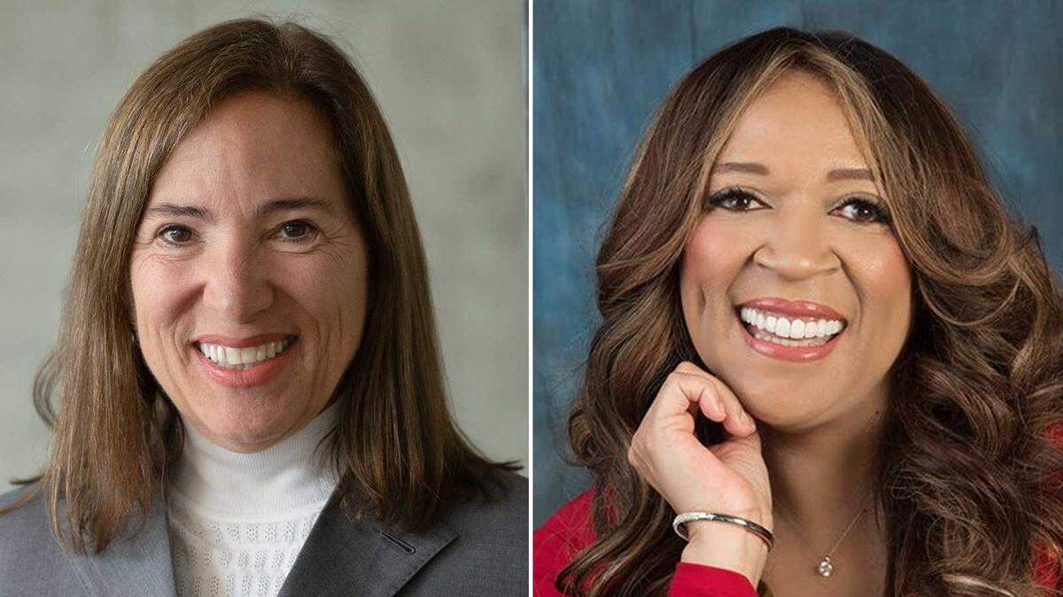 Eleni Kounalakis, left, and Angela E. Underwood Jacobs are running for California lieutenant governor.