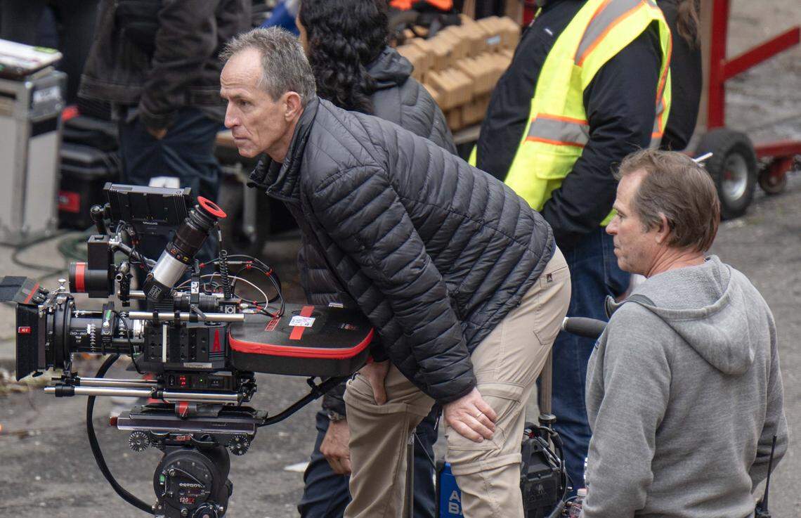 Camera operator Colin Anderson films a scene for director Paul Thomas Anderson’s film “One Battle After Another” in Sacramento on Feb. 6, 2024.