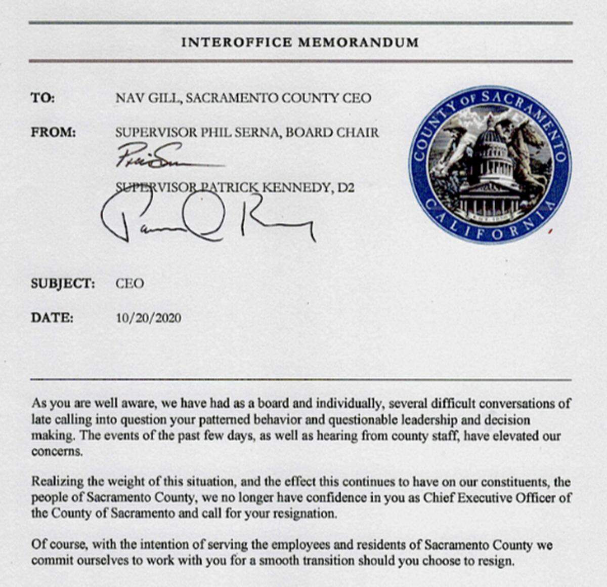 Sacramento County Board of Supervisors Phil Serna and Patrick Kennedy called for CEO Nav Gill to resign in an Oct. 20, 2020 letter.