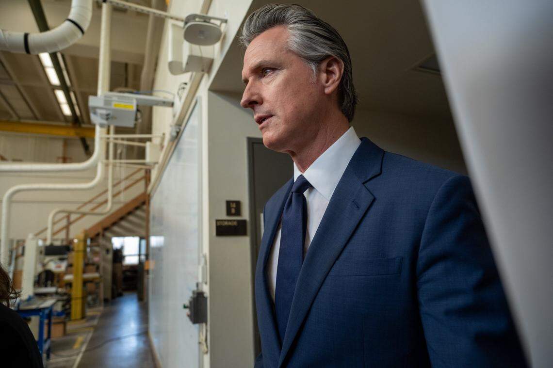 Gov. Gavin Newsom prepares to speak at a California Jobs First press conference at California State University, Stanislaus on Monday where he previewed budget toplines.