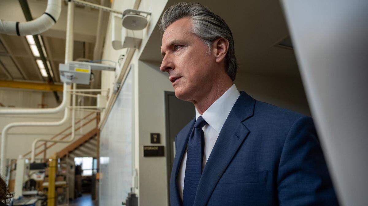 Gov. Gavin Newsom enters to speak at a California Jobs First press conference at California State University, Stanislaus, where he previewed budget toplines in Turlock on Monday, Jan. 6, 2025.