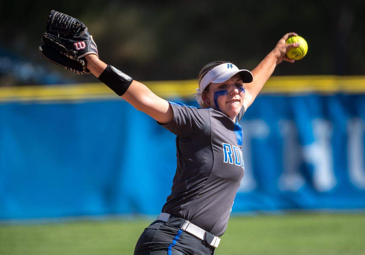 Rocklin High School pitcher Brielle Wright pitches a shutout against McClatchy High School during playoff game in Rocklin on Tuesday.