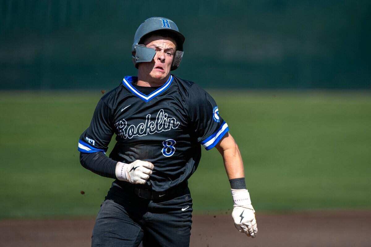 Rocklin’s Colby Pudge runs from first to third base on a single in a game against Granite Bay Thursday, May 2, 2024, at Granite Bay High School.