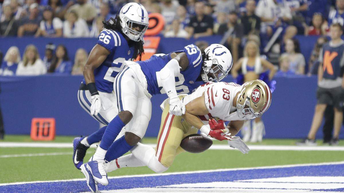 San Francisco 49ers tight end Cole Hikutini (83) drops a pass in the end zone under Indianapolis Colts defensive back Malik Hooker (29) during the first half of an NFL preseason football game in Indianapolis on Saturday, Aug. 25, 2018.