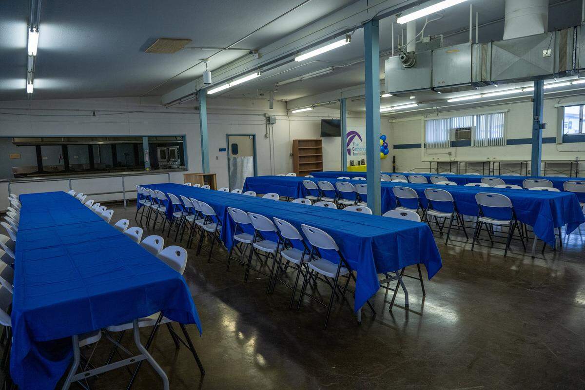 The dining room in the north campus of Sacramento's Roseville Road homeless shelter, to be operated by The Gathering Inn, was part of a media tour announcing 135 additional tiny homes on Thursday. Shelter residents will also share community bathrooms.