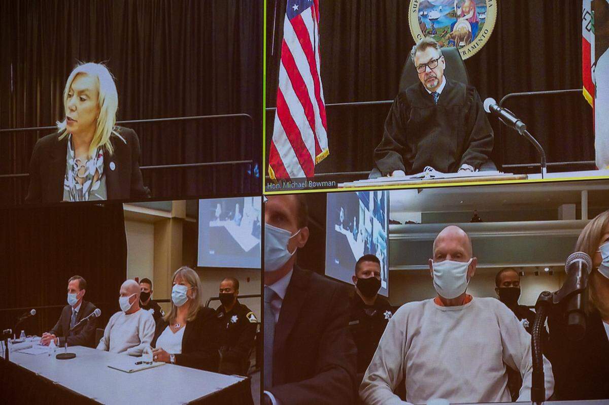 Sacramento District Attorney Anne Marie Schubert, top left monitor, addresses Golden State Killer/East Area Rapist Joseph James DeAngelo, seen in both bottom monitors, during his sentencing for 11 consecutive life terms in a 2020 court appearance held at Sacramento State to allow socially distant attendance by a large number of victims amid the coronavirus pandemic.