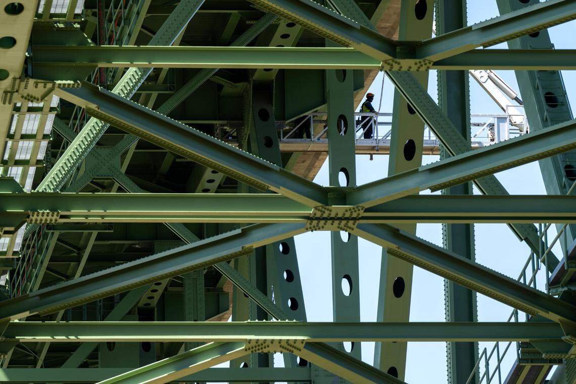 An inspector checks welds on the Foresthill Bridge in near Auburn on Wednesday, Aug. 28, 2024.