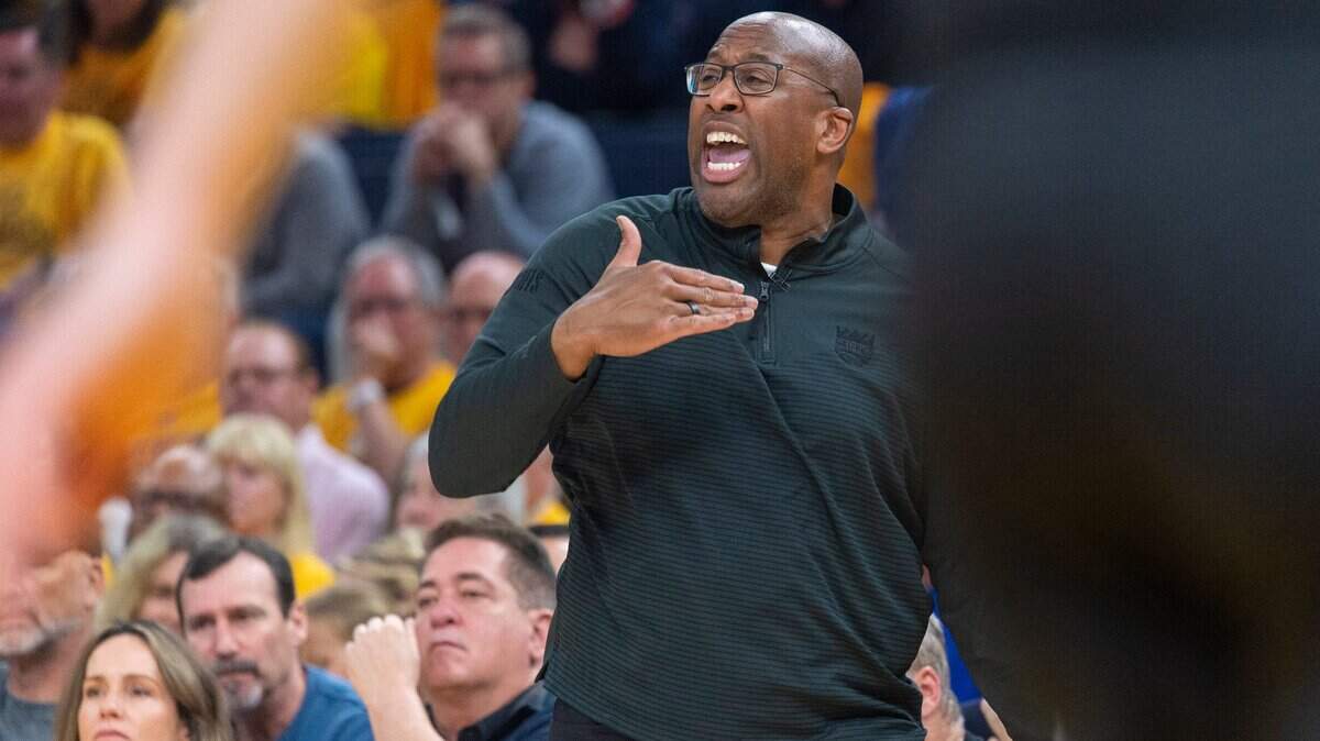 Sacramento Kings coach Mike Brown yells to players during Game 4 of the first-round NBA playoff series at Chase Center in San Francisco on Sunday, April 23, 2023.