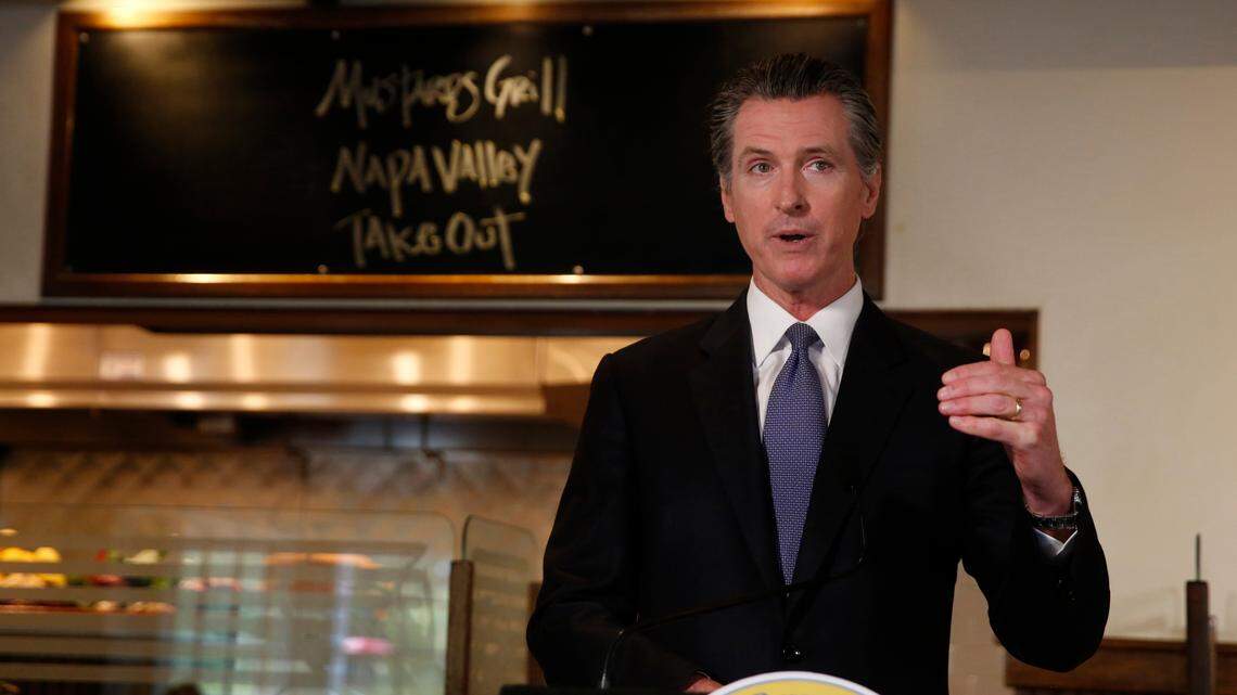 Gov. Gavin Newsom announces new criteria related to coronavirus hospitalizations and testing that could allow counties to open faster than the state, during a news conference at Mustards Grill in Napa on Monday May 18, 2020.