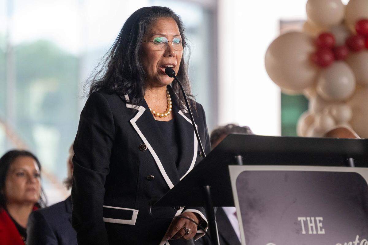 West Sacramento Mayor Martha Guerrero speaks during a news conference on Thursday, May 28, 2026, at The Barn in West Sacramento about the Sacramento region's bid for a Major League Baseball expansion team.
