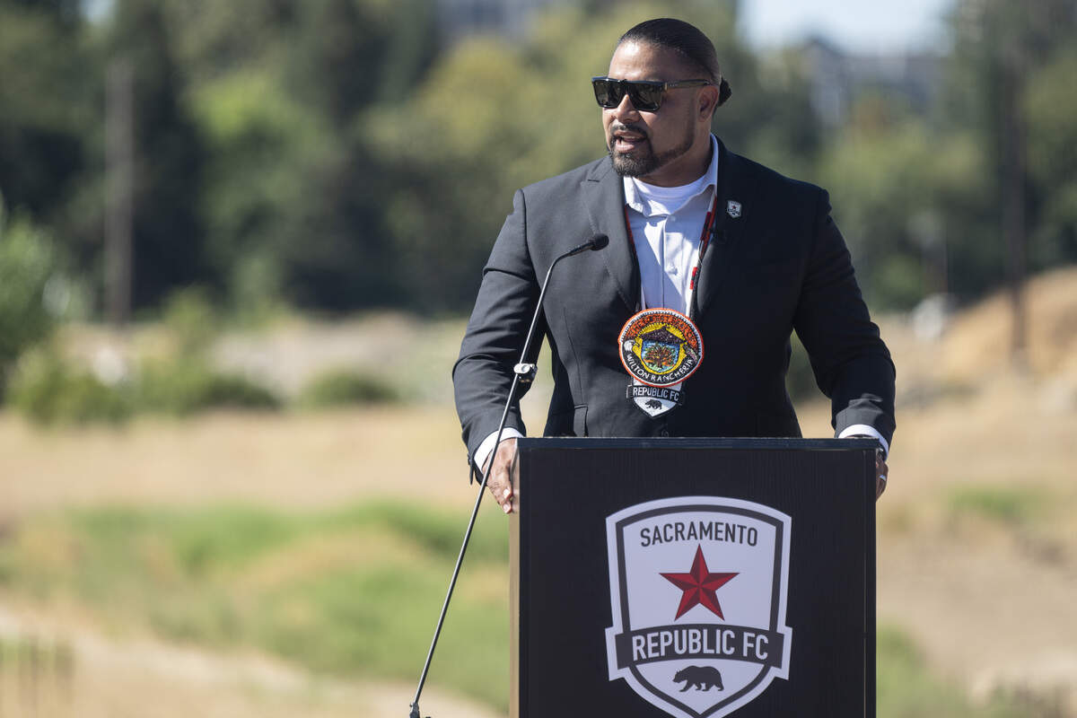 Jesus Tarango, Wilton Rancheria’s CEO, speaks during a groundbreaking for Republic FC’s new stadium in the Railyards in Sacramento on Monday.