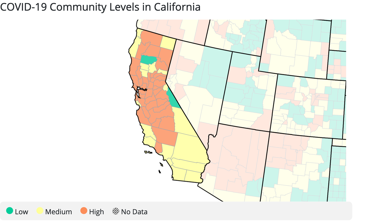 A map of California counties’ COVID-19 community spread level, as reported by the Center for Disease Control on Thursday, June 30 2022. 38 of California’s 58 counties are in the “high” level.