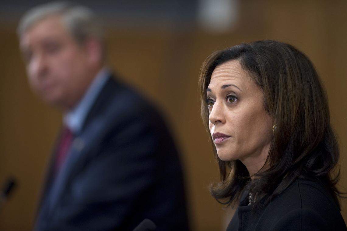 Democrat Kamala Harris, right, debates Republican Steve Cooley at the UC Davis Law School in Davis in 2010 during the campaign for state attorney general. Harris’ opposition to the death penalty was a key issue in the race.