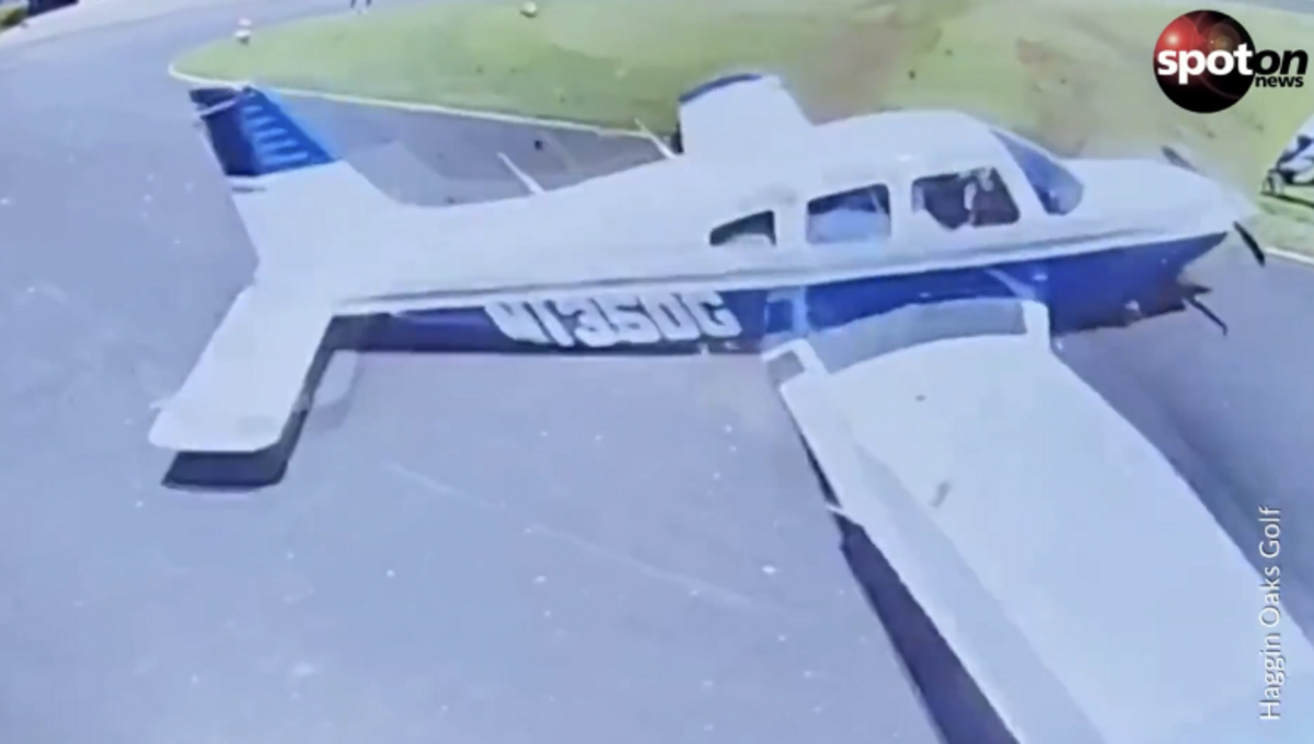 A plane skids into the Haggin Oaks golf shop in Sacramento, California.