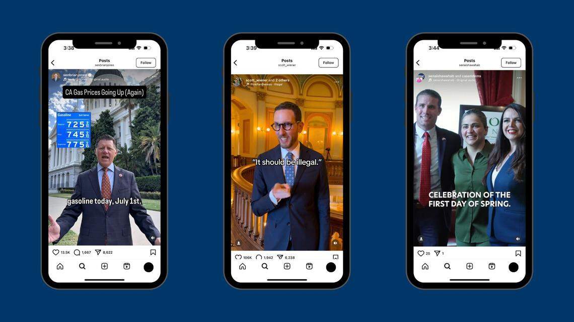 State Sens. Brain Jones, Scott Wiener and Aisha Wahab’s Instagram profiles feature Reels that grab the attention of viewers. On social media California lawmakers face new challenges such as algorithms and online hate.