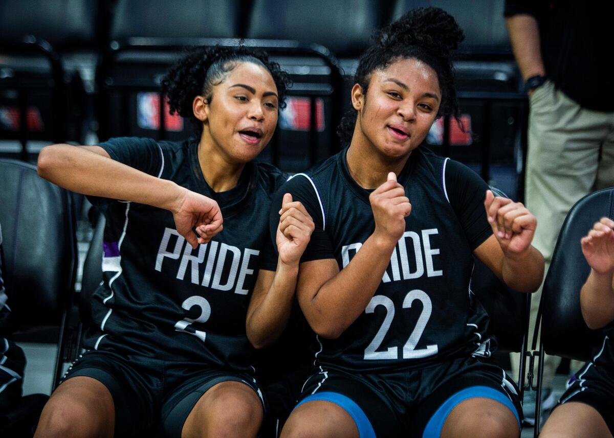 Bradshaw Christian High School Anaya Mejia (2) and Jasalyn Brown (22) celebrate after winning 2019 CIF Sac-Joaquin Section Girls Basketball Championship - Division III game, Saturday at the Golden 1 Center.