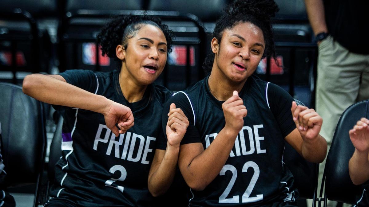 Bradshaw Christian High School Anaya Mejia (2) and Jasalyn Brown (22) celebrate after winning 2019 CIF Sac-Joaquin Section Girls Basketball Championship - Division III game.