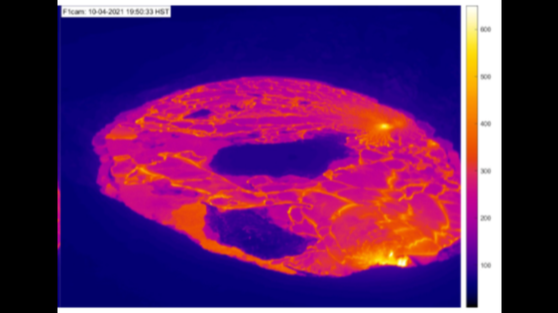 These dark blue spots are islands of cooled lava that appear to be rising from the floor of a lava lake inside Hawaii’s Kilauea’s volcano.