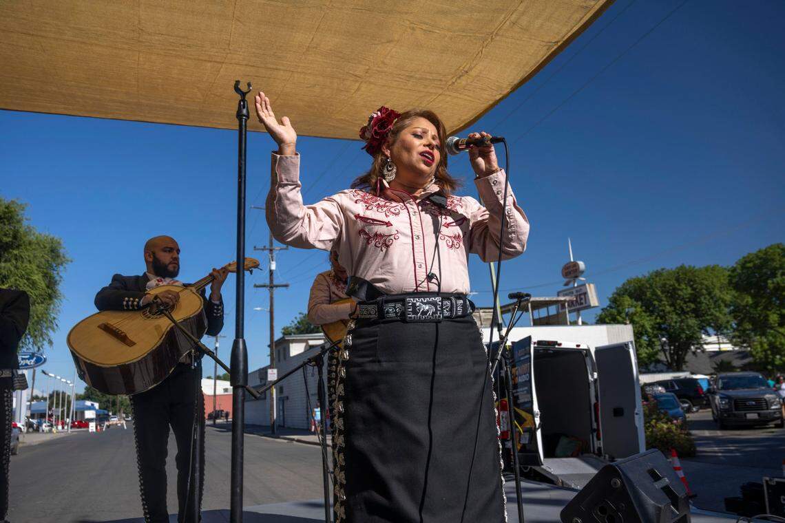 Norma Torres, of the Mariachi Bonitas de Dinorah Klingler, performs at the Taco Festival in Colusa on Aug. 6. The 2022 festival takes place today at the SAFE Credit Union Performing Arts Center in Sacramento.