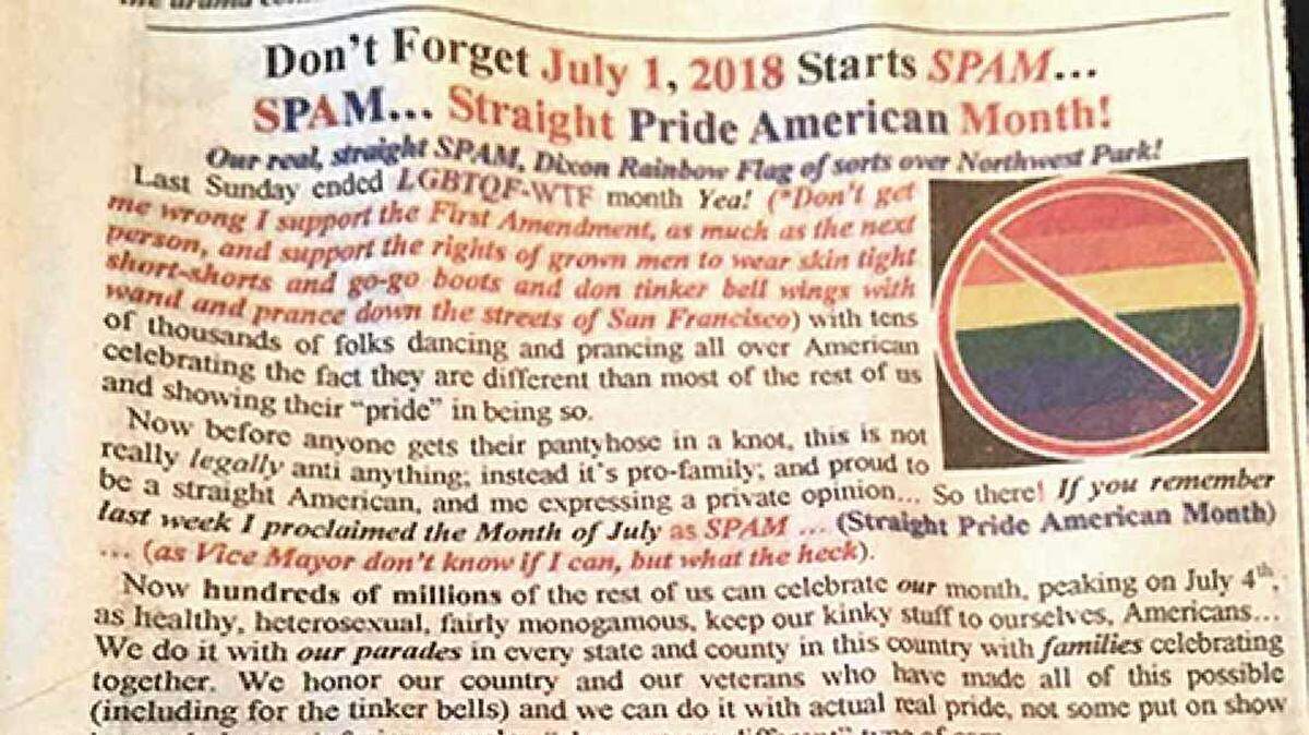 Dixon Vice Mayor Ted Hickman has defended a portion of his column published Friday in the Independent Voice, which celebrates July as "Straight Pride American Month" and compares gay men to fairies. Hickman has defended his writing as "tongue-in-cheek."