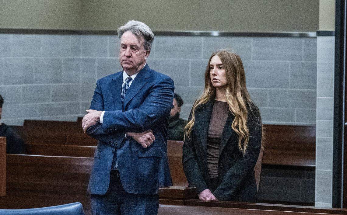 Meagan McFadden, the former UC Davis fire department chief’s executive assistant, attends her arraignment hearing with attorney Thomas Johnson on Tuesday, Jan. 21, 2025, in Yolo Superior Court. McFadden on Thursday pleaded no contest to a felony charge of misappropriating public money.