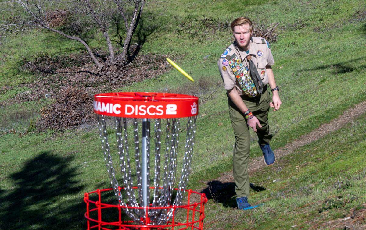 Jacob Paturel plays disc golf earlier this month at the course at Markam Middle School in Placerville that was built as his official Eagle Scout project.