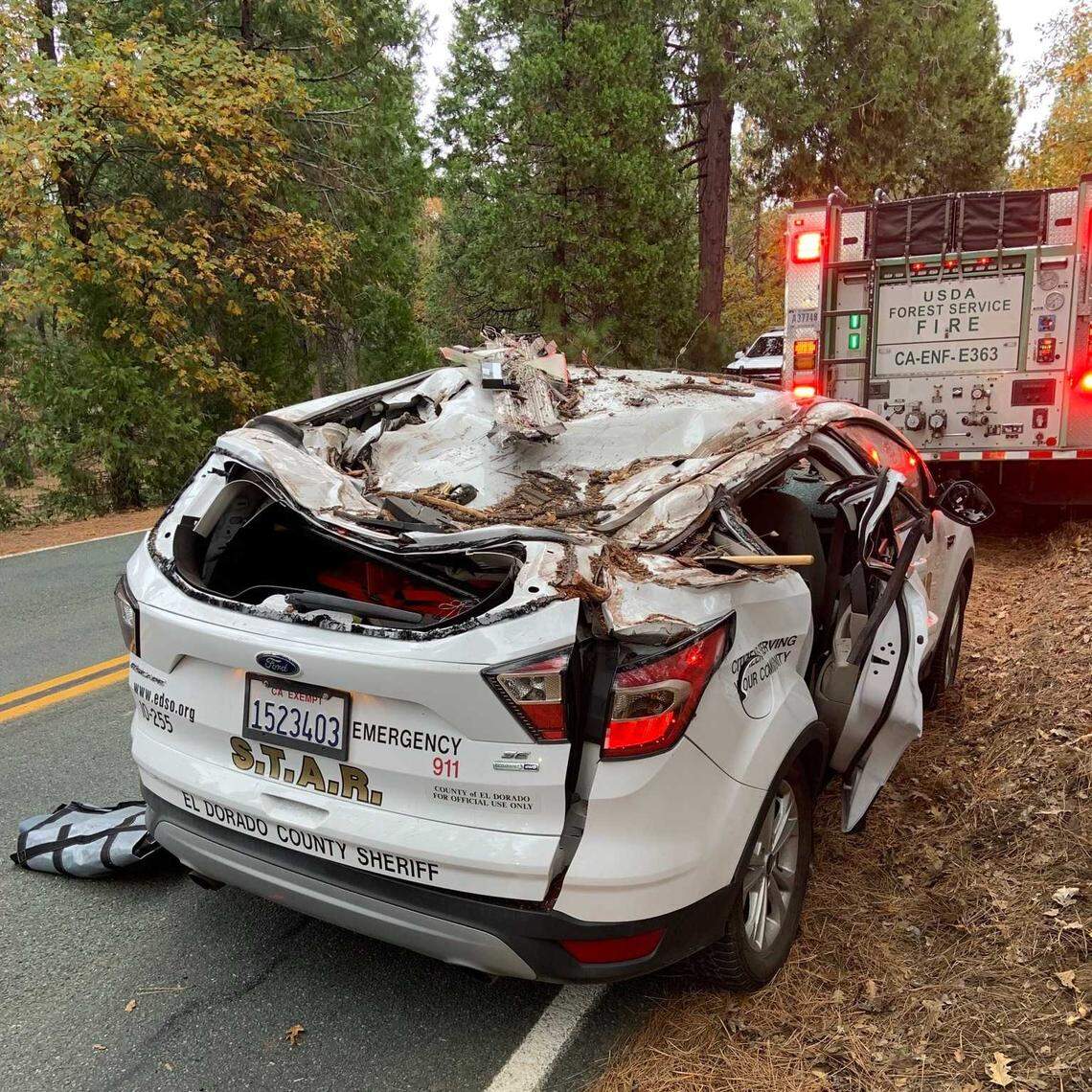 Three El Dorado County Sheriff’s senior volunteers were injured in 2023, when the roof of their patrol vehicle was crushed by a falling tree near Grizzly Flat and Sweeny roads.