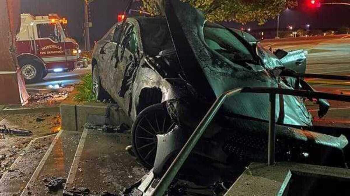 A car crashed and caught fire at the Roseville Fire Department Station 6 on East Roseville Parkway in Roseville, California on Saturday Nov. 21, 2020.
