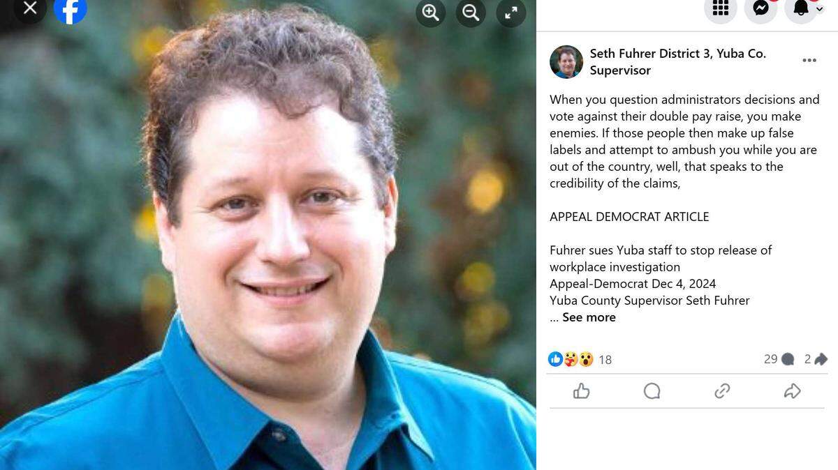 Yuba County Supervisor Seth Fuhrer is seen in a Facebook post made Dec. 5, 2024, regarding an investigation into accusations against him. A second investigation concluded and came before supervisors this week.