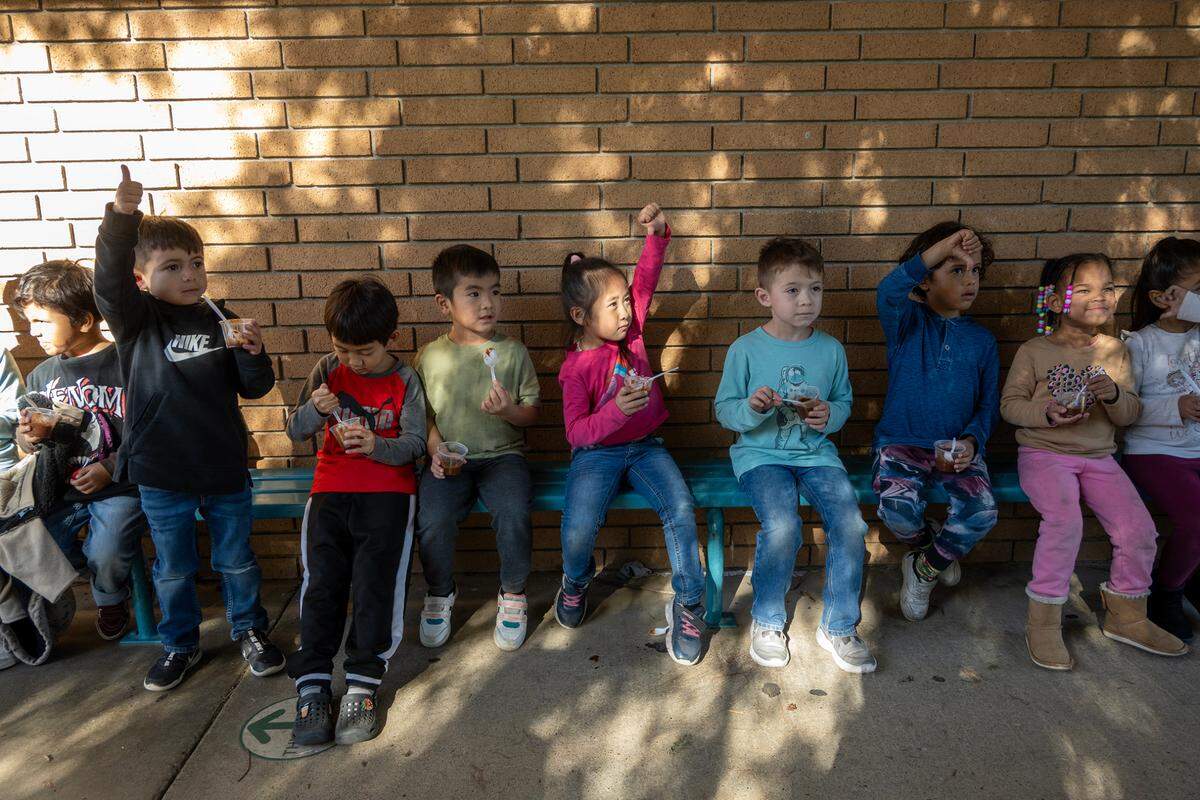 Kindergarteners eat samples of pumpkin chili provided by the Food Literacy Center Kitchen at John Sloat Elementary School. The Food Literacy Center Kitchen is asking Book of Dreams for $4,500 for supplies.
