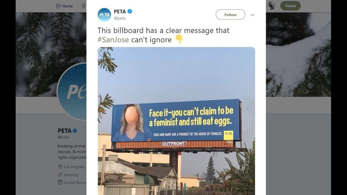 A new People for the Ethical Treatment of Animals billboard in San Jose, California, calls on feminists to stop eating eggs, citing them as “a product of the abuse of females.”