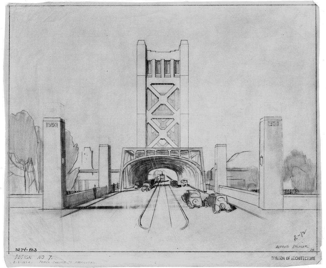 Alfred Eichler’s pencil drawing, titled Design No. 7, from 1932 depicts the future Tower Bridge over the Sacramento River in Sacramento. The bridge carried trains and motor vehicles until 1962.