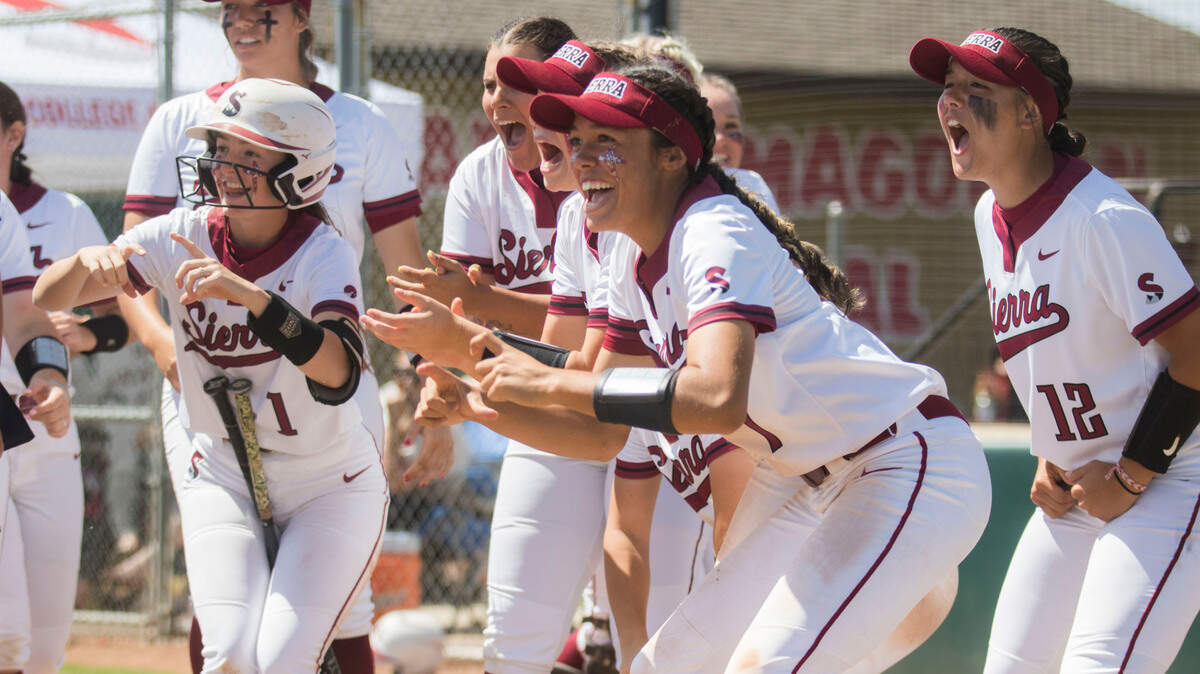 Sierra College softball players celebrate in a game during the 2022 spring season.