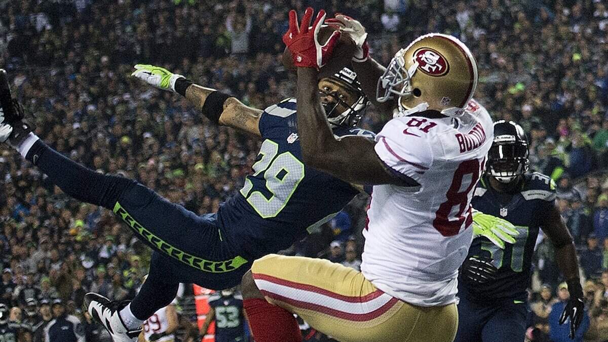 San Francisco 49ers wide receiver Anquan Boldin (81) beats Seattle Seahawks cornerback Earl Thomas (29) for a touchdown in the NFC championship game Jan. 19, 2014, at CenturyLink Field in Seattle. San Francisco cornerback Richard Sherman would love to see Thomas, his former Seattle teammate and a three-time All-Pro, join his new team.