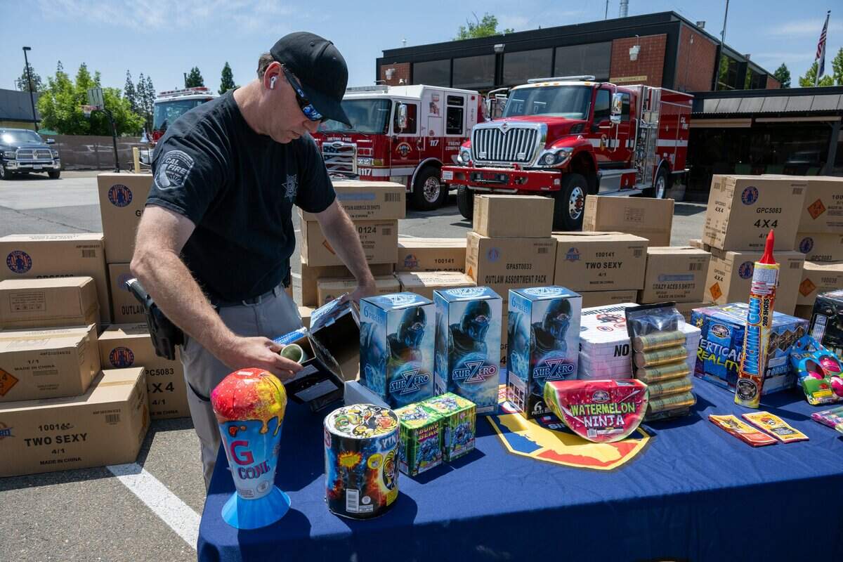 Cal Fire Supervisor for Arson and Bomb Bryan Gougé opens a box of illegal aerial motars as Cal Fire with local firefighting agencies discuss the dangers of illegal fireworks on Tuesday, June 27, 2023 in Sacramento.