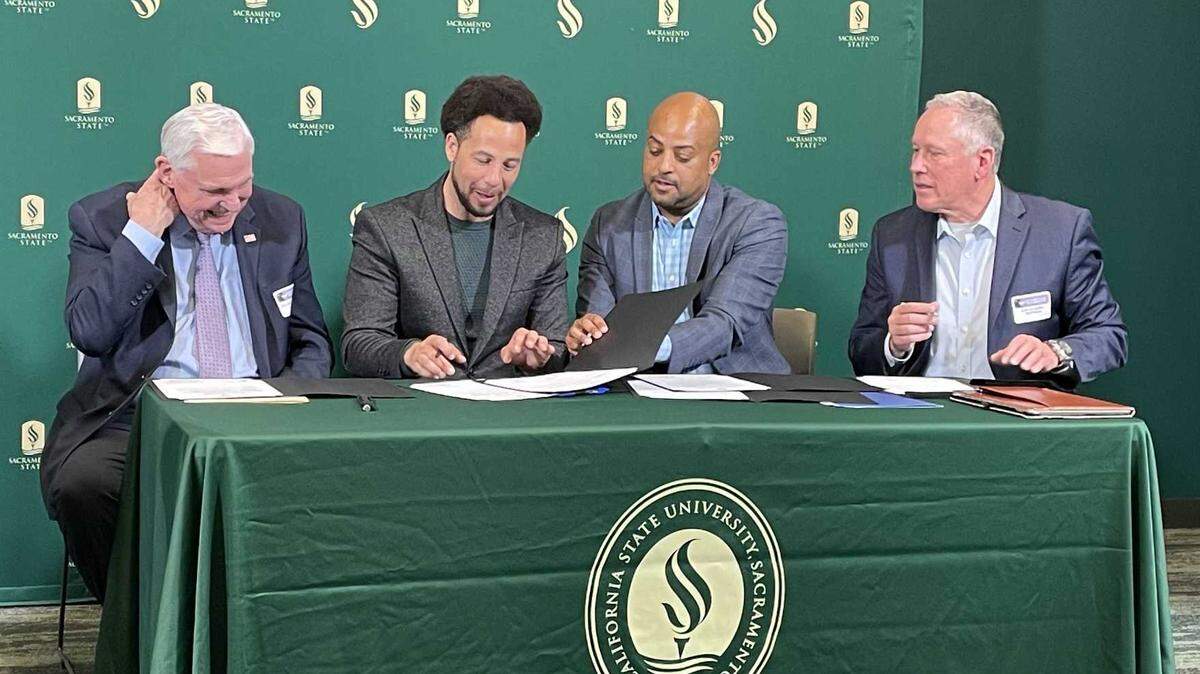 Sacramento County Office of Education Superintendent David Gordon, Sacramento State President Luke Wood, Consumnes River College President Edward Bush and Elk Grove Unified School District Superintendent Christopher Hoffman signed a data sharing agreement on behalf of their institutions Thursday that they say will improve student outcomes.
